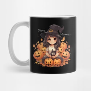 Cute little witch with black cat for Halloween. Mug